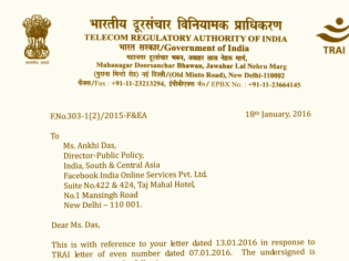 TRAI Writes to Facebook